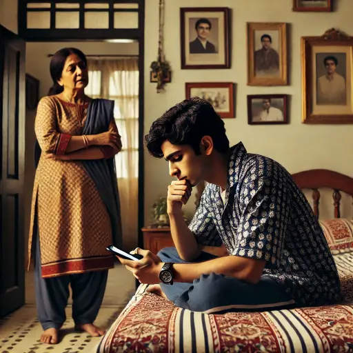 A young man sitting on his bed, holding a phone and thinking deeply about his father’s birthday gift, while his mother gives him thoughtful advice from the doorway.