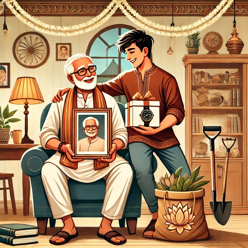 A heartwarming illustration of a young man gifting his father a framed photo and a watch, symbolizing love and respect, set in a cozy family environment.